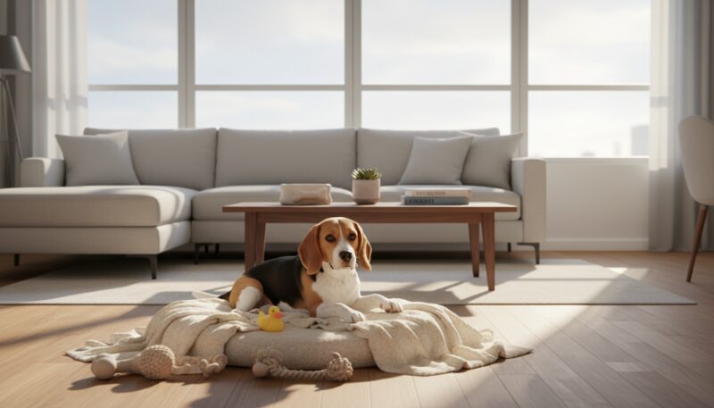 bigl u stanu na svom krevetu bigl u stanu na svom krevetu